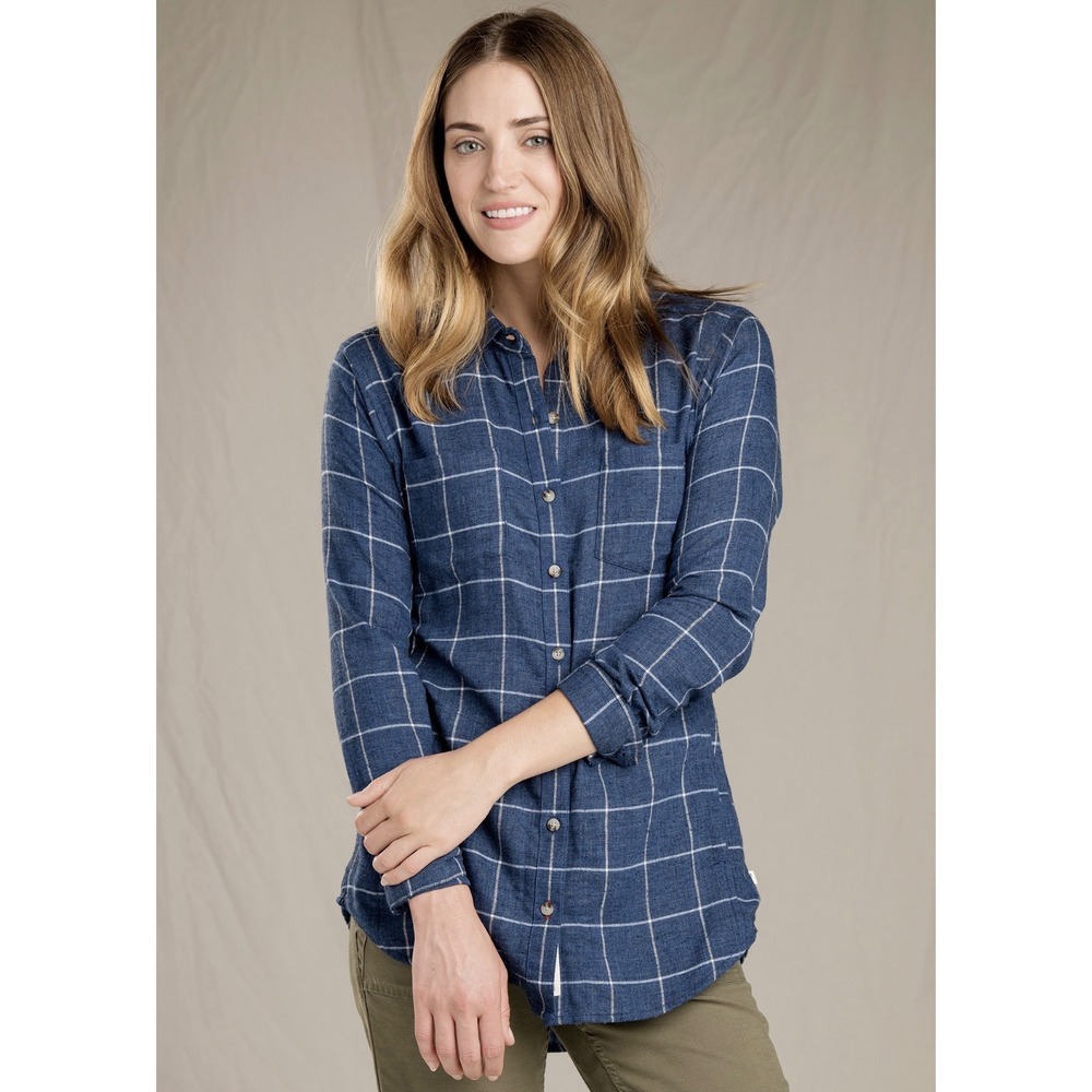Toad&Co Women Small Cairn LS Shirt Blue Plaid Button Pockets Sustainable Recycle